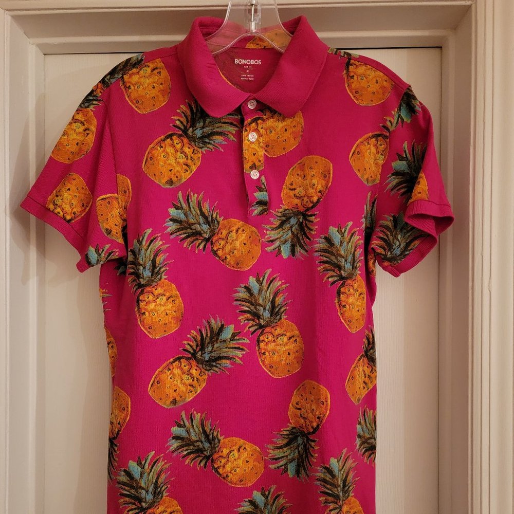 Bonobos Men’s Polo, Hot Pink with Pineapples, Size M